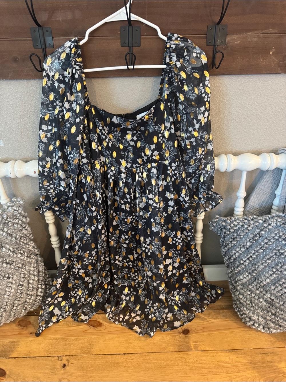 Sweet Lemons Black Floral Puff-Sleeve Women's dress with Yellow Accents